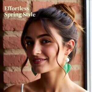 Green & White Patina Painted Leaf Dangle Earrings! Garden +Plant Themed Earrings